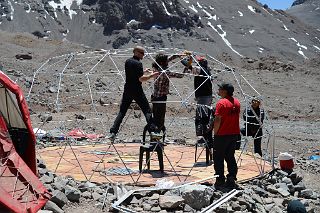 06 French Guide Olivier Riviere And Porters Nestor and Peluca Build A New Inka Expediciones Large Tent On a Rest Day At Aconcagua Plaza Argentina Base Camp 4200m